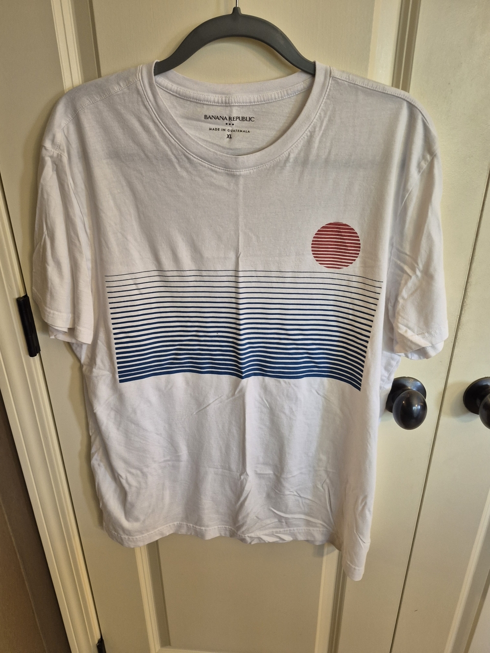 Banana Republic White Graphic Tee with Red Sun and Navy Stripes